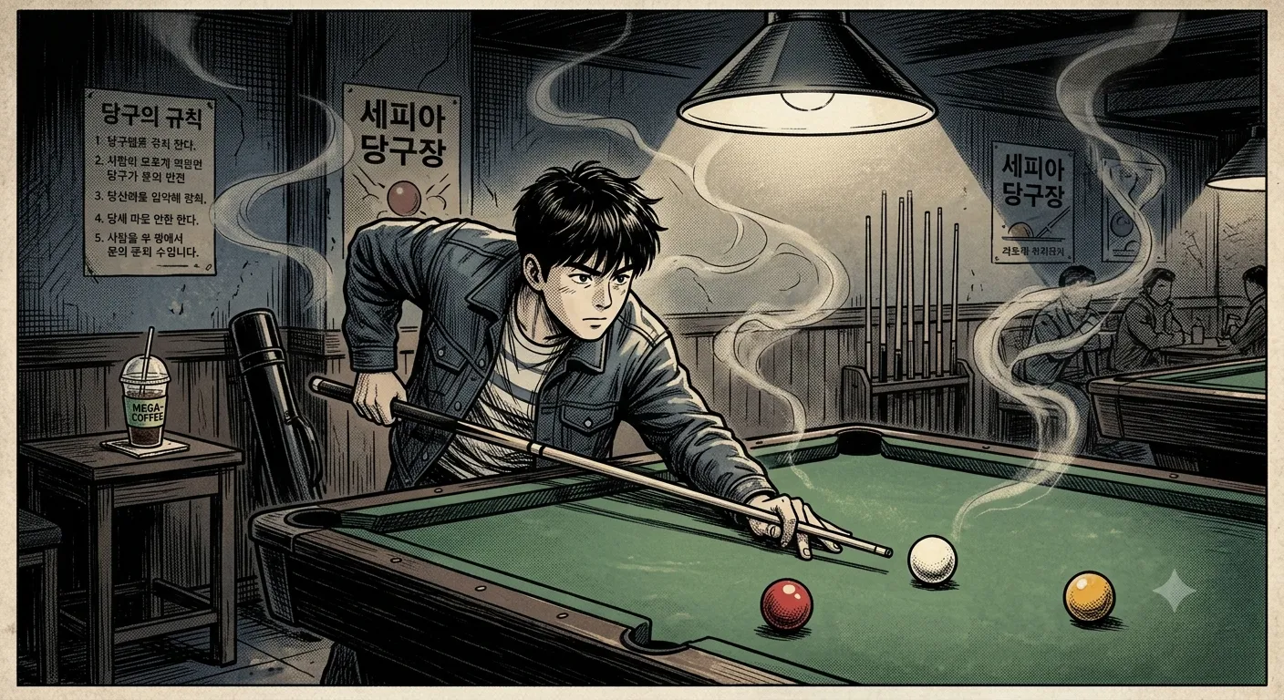 당구대 옆 테이블에 커피 올려두고 큐 잡은 장면