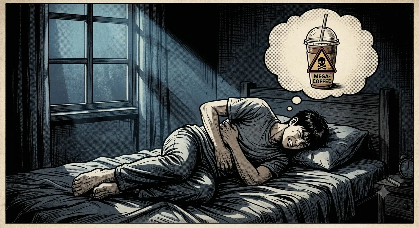 밤에 침대에서 배 붙잡고 커피 떠올리는 장면